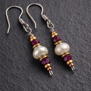 R3 Ruby & Freshwater Pearl Mixed Metal Dangle Earrings Stainless Steel